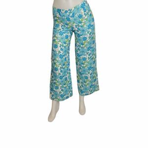 ANNI KUAN retro blue floral mid rise‎ wide leg crop pant 2/XS